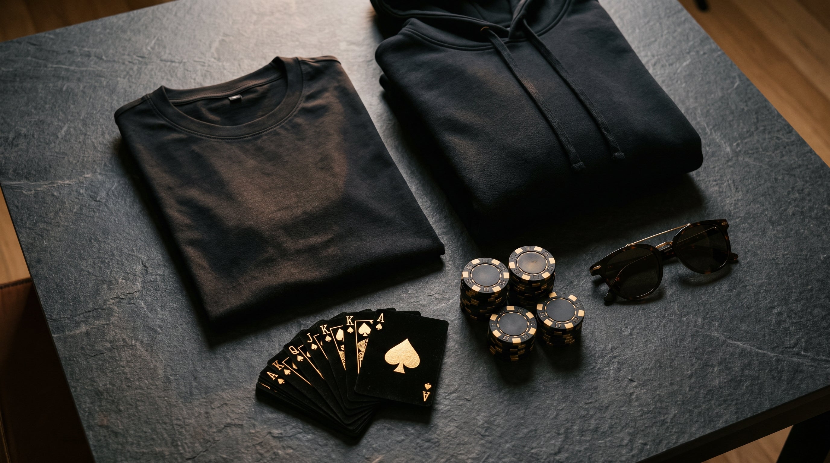 T-shirt et hoodie noirs streetwear poker avec cartes et jetons, flat lay premium