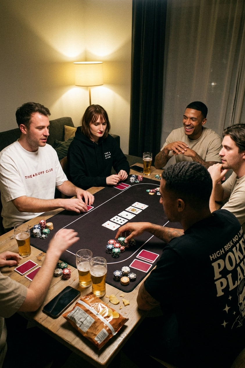 Soirée poker entre amis autour d'une table, joueurs en t-shirt et hoodie The Bluff Club, cartes au dos rouge crimson et piles de jetons
