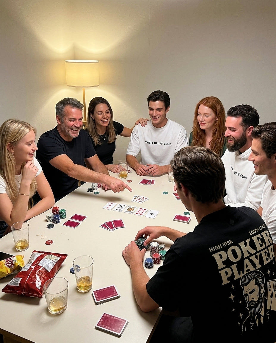 Groupe mixte d'amis, hommes et femmes d'âges variés, autour d'une table de poker lors d'une soirée de club conviviale, plusieurs portent des pièces The Bluff Club