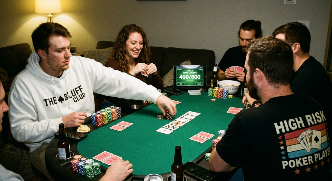 Soirée tournoi de club de poker entre amis, un joueur porte le hoodie blanc The Bluff Club, tablette horloge de tournoi et jetons sur la table