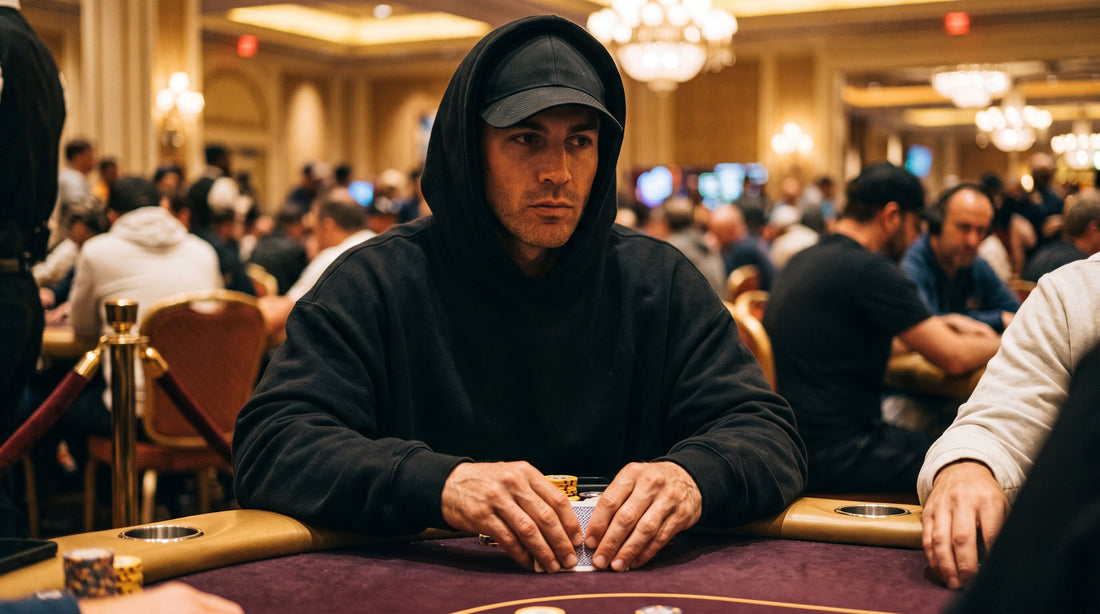 Joueur en hoodie et casquette noirs à un tournoi de poker live