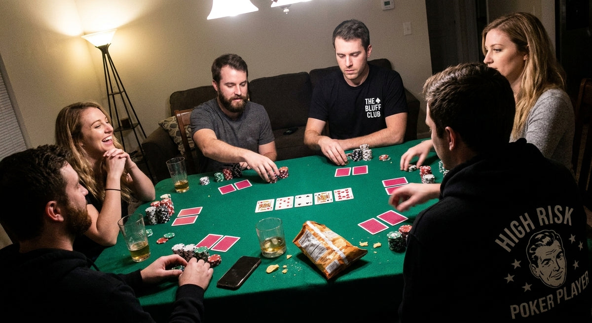 Groupe d'amis mixte autour d'une table de poker, deux joueurs portent des pièces The Bluff Club brodées aux couleurs de leur club