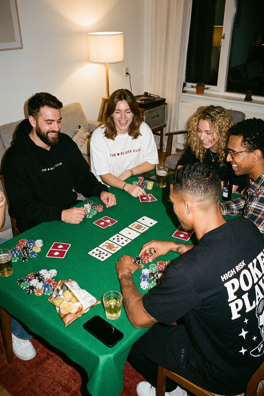 Partie de Texas Hold'em entre amis, pièces The Bluff Club RED RUSH et To The Stars portées autour de la table