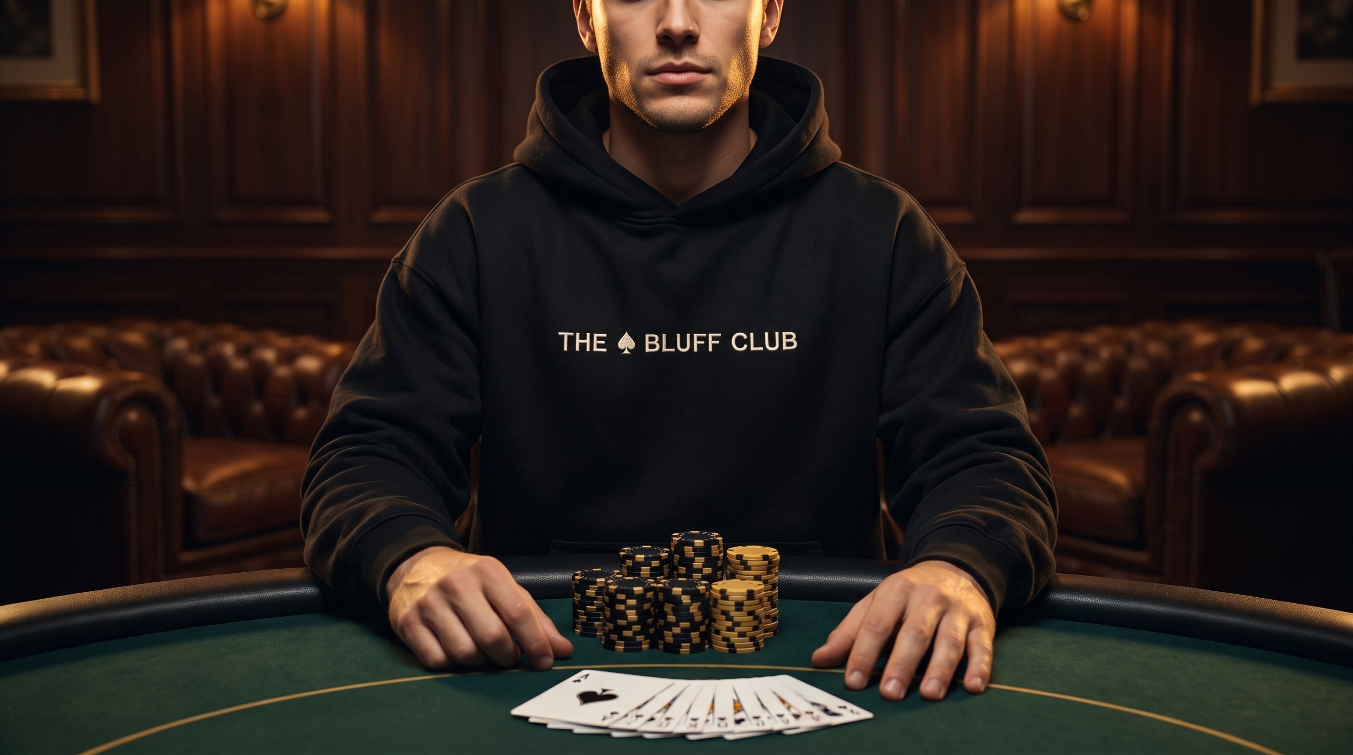 Homme en hoodie noir The Bluff Club (logo THE BLUFF CLUB brodé) à une table de poker premium